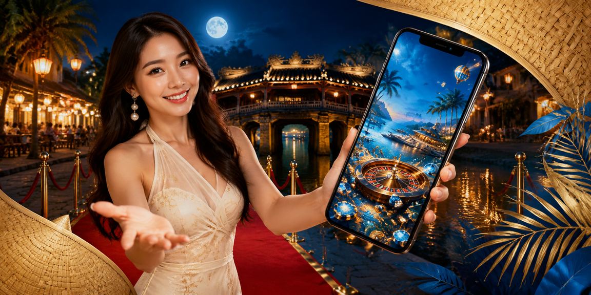 Người phụ nữ đội nón lá tại Hội An sử dụng điện thoại để kích hoạt voucher casino